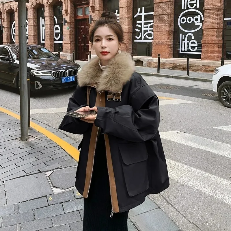 Mantel bulu kelinci hoodie longgar, mantel bulu wanita, mantel mewah tebal, longgar, versi Korea, mantel bulu panjang setengah, rambut kelinci imitasi, bertudung, baru, musim dingin, 2023