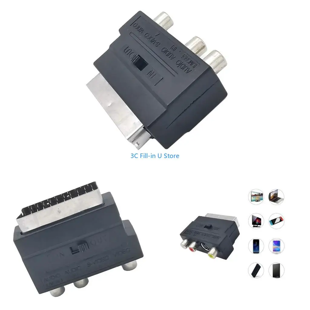 G8TA 21PIN Male SCART to 3RCA Female Adapter with On/Off Switchesfor Video Conversion