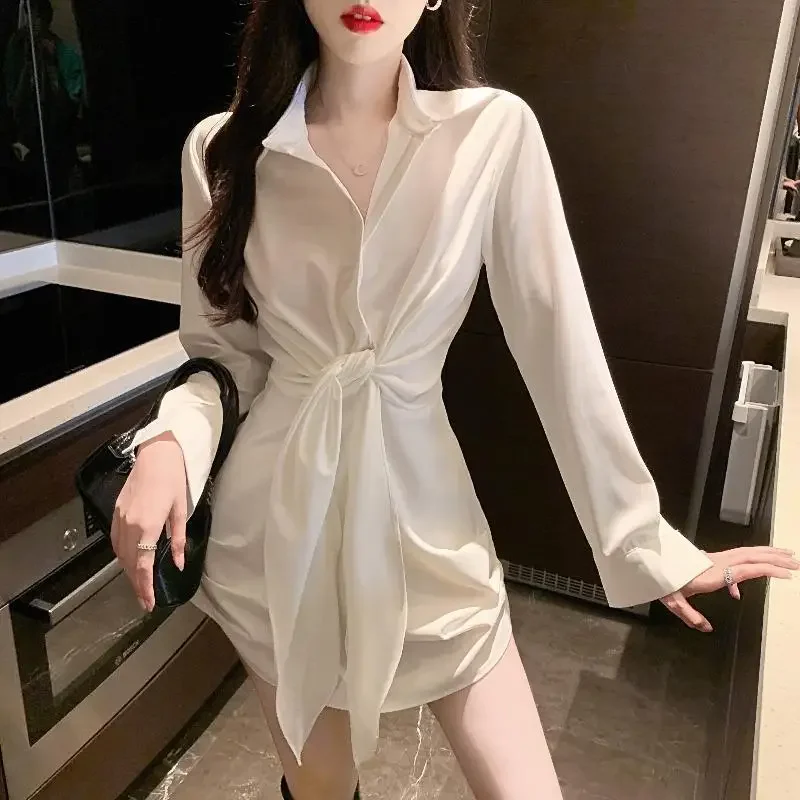 Femme à manches longues t-shirts robe élégante fête une ligne Chic courbé Style coréen esthétique Y2k robes pour chemise femmes blanc pansement