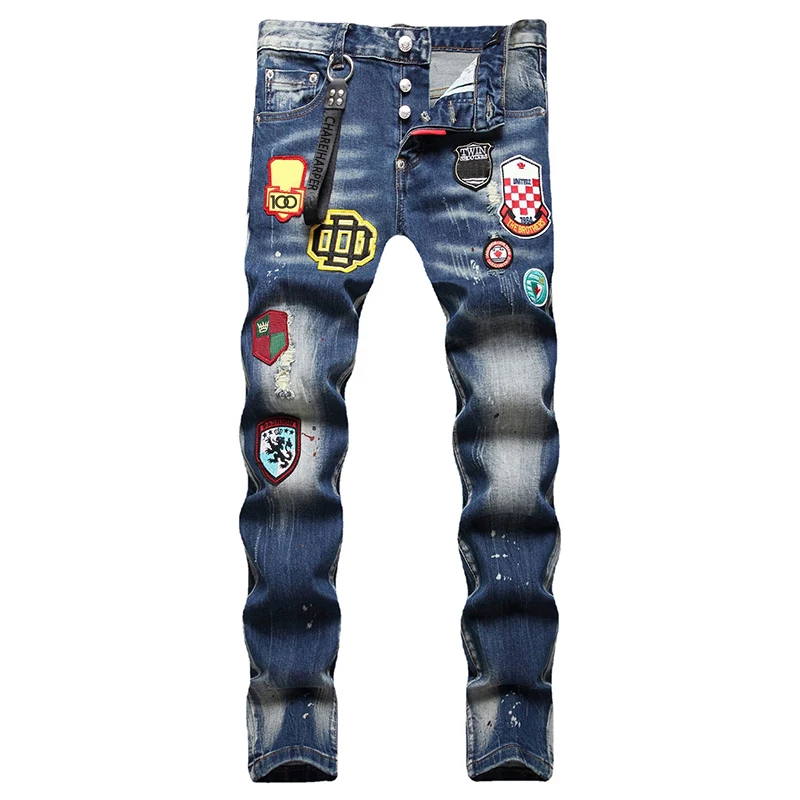 chareiharper plus size dsq071 Men's jeans Stretch complex wash water hand painted bay dot badge hanging adorn straight leg jeans