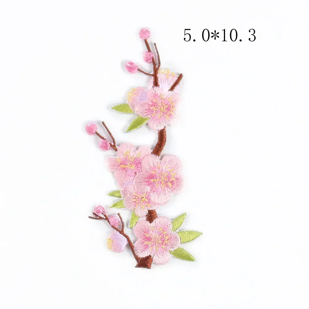 Pink Flowers with Branch Embroidered Appliques for Clothing Peach Blossom Exquisite Iron on Patches Woman Shirt Pant DIY Decor