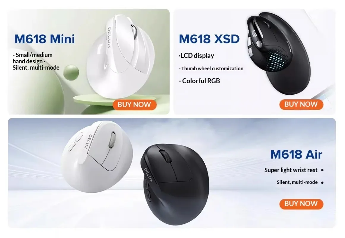 DeLUX M618 Vertical Mouse Ergonomic Wireless Bluetooth Tri-mode Silent Rechargeable Mice Handshake Carpal Tunnel Relief Laptop