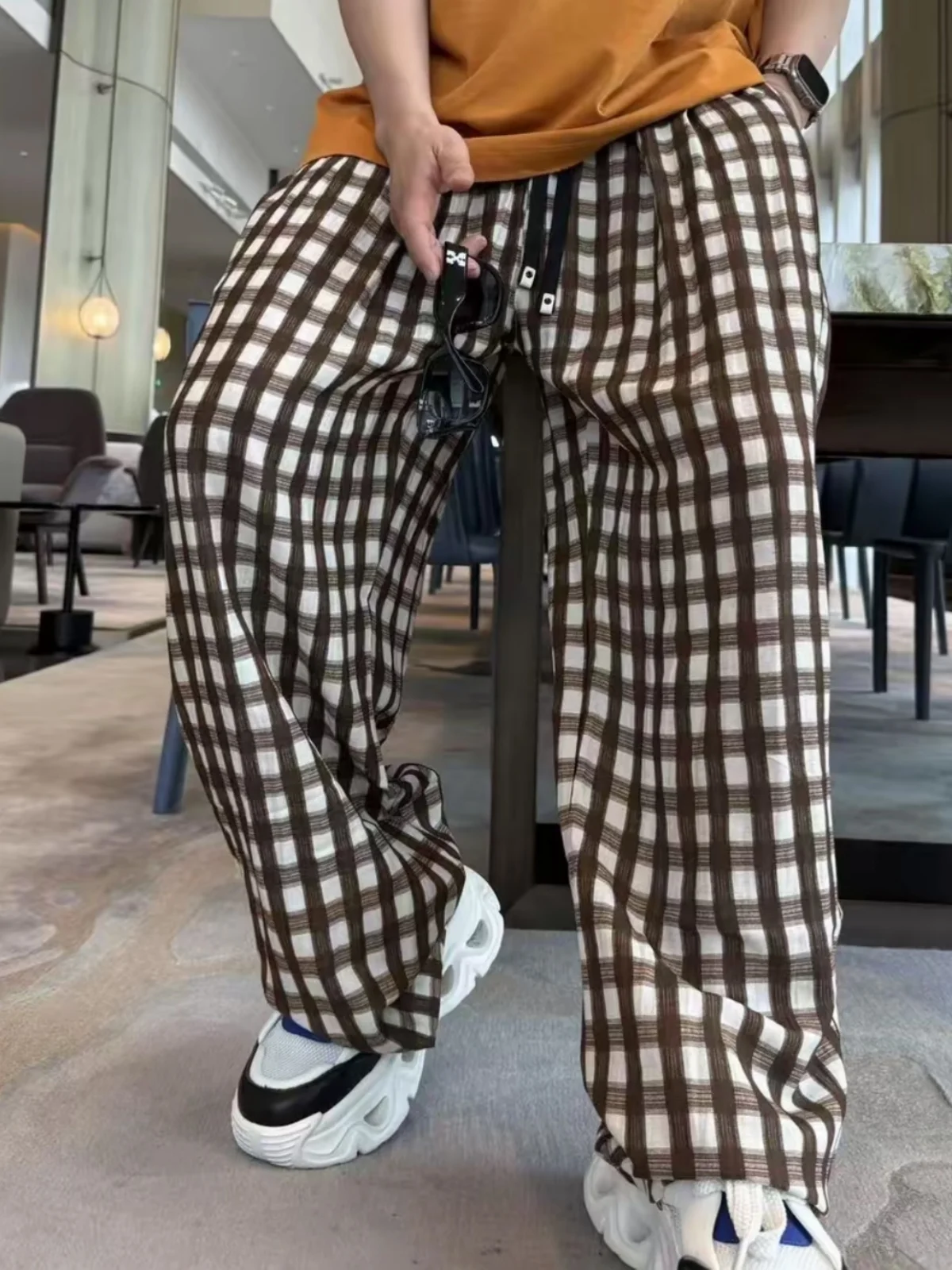 

Summer Casual Plaid Linen Men's Pants Loose Fit Lightweight Breathable Straight Leg Trousers Fashionable Versatile Knife