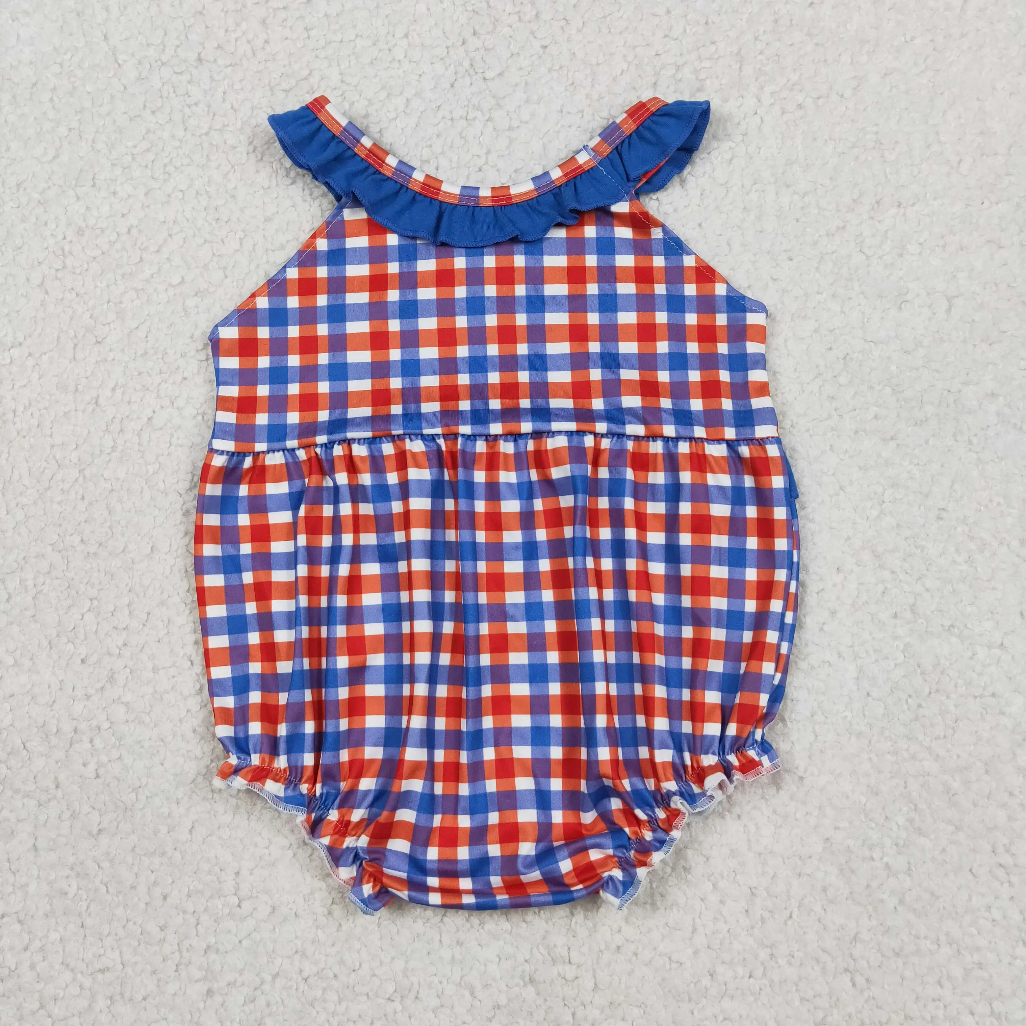 Wholesale Baby Girl Infant Overall Embroidery Farm Animals Romper Toddler Girls July 4th Newborn Children Plaid Ruffle Clothes