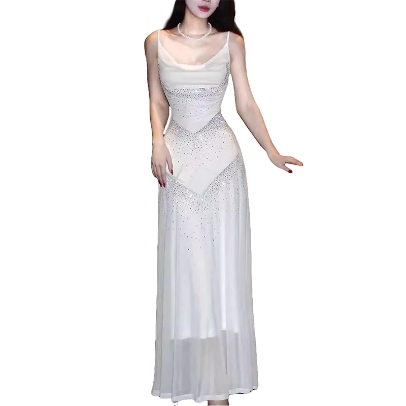 Summer White Sexy Club Backless Sequins Slip Dresses Women Fashion High Waist Bodycon Sleeveless Evening Party Dress Robe Simple