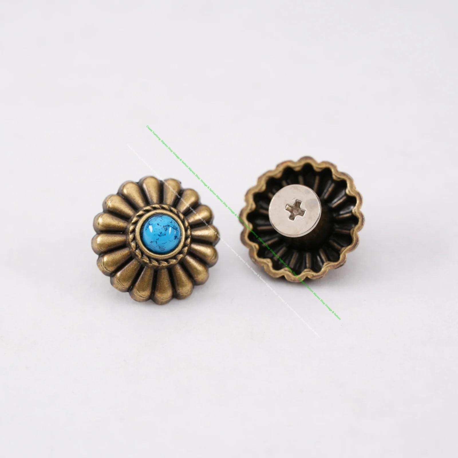 10PC 16MM FLORAL WESTERN TURQUOISE ANTIQUE BRASS SCREW BACK SADDLE DECOR BUTTONS SCREWBACK