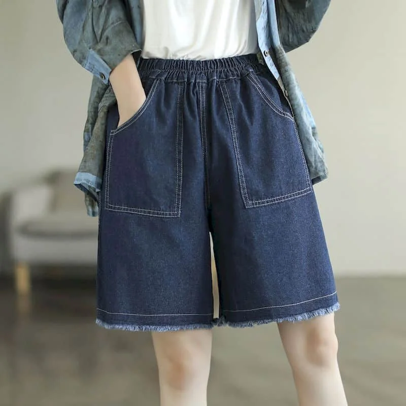 Solid Denim Shorts Women Summer Sale Korean Style Casual Five Point Pants Minimalism Elastic Waisted Streetwear Women Clothing