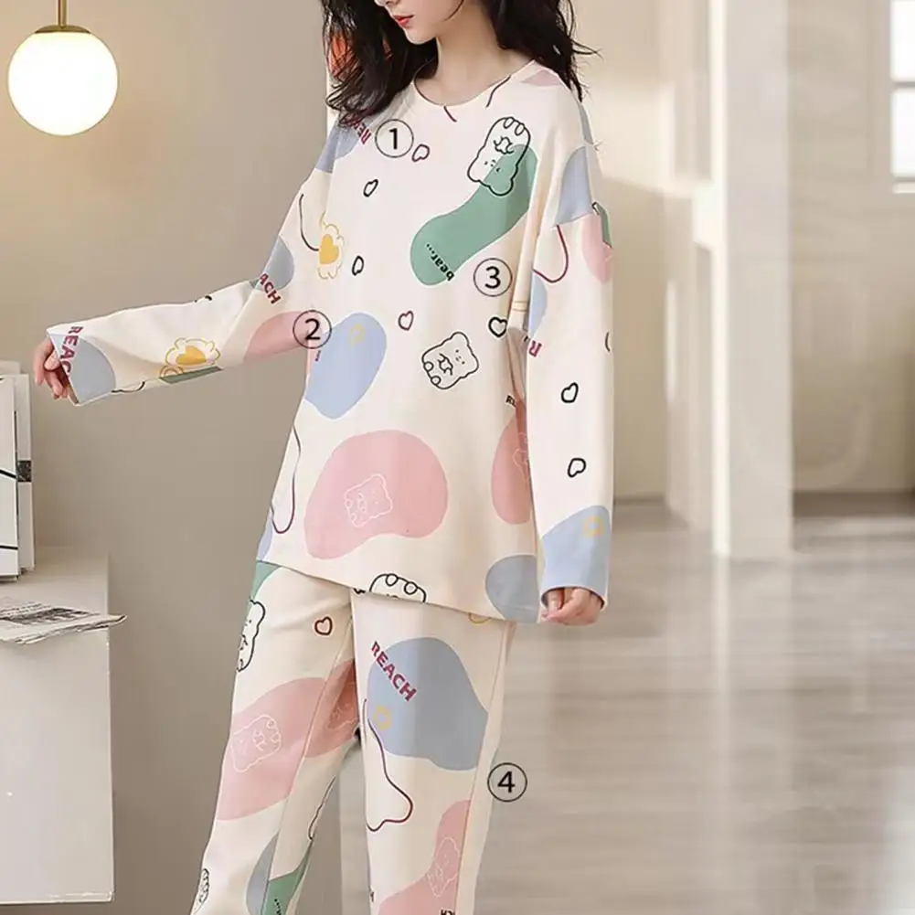 2Pcs/Set O-Neck Long Sleeve Mid-Rise Elastic Waistband Loose Pajamas Set Girls Cartoon Print Pullover Blouse Long Pants Set