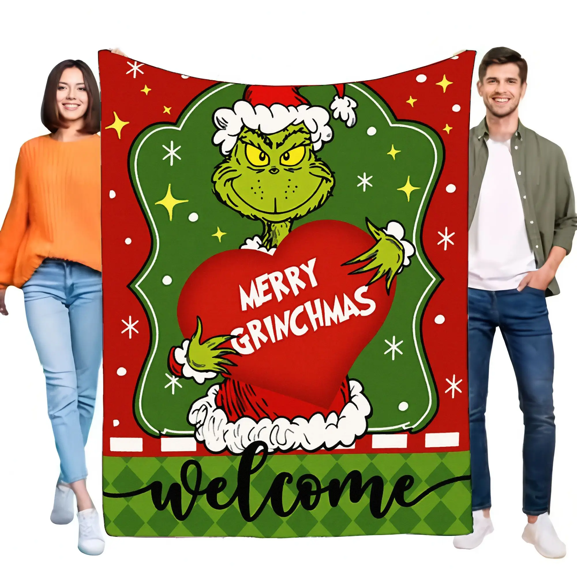 Weihnachts-Grinch-Decke, gemütlicher weicher Plüsch-Sofa-Überwurf, warmes Weihnachtsgeschenk für Kinder und Erwachsene, perfekt für festliche Dekoration und Winter