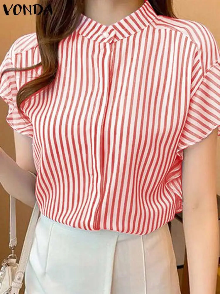 

VONDA Elegant Striped Shirt Fashion Tops 2024 Women Summer Short Sleeve Ruffled Blouse Casual Loose Buttons Printed Blusas Femme