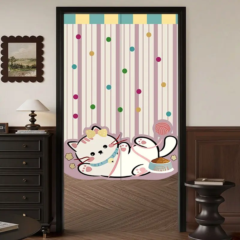 VIKAMA American-Style Cartoon Puppy Half-Door Curtain, Cute Striped Dog Fabric Room Divider Curtain, Entryway Privacy Screen
