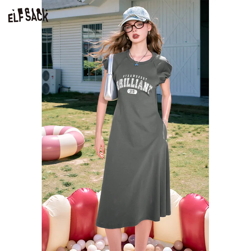 ELFSACK 2024 Summer New Arrivals Letter print grey sports style sexy casual slim T-shirt dress for women