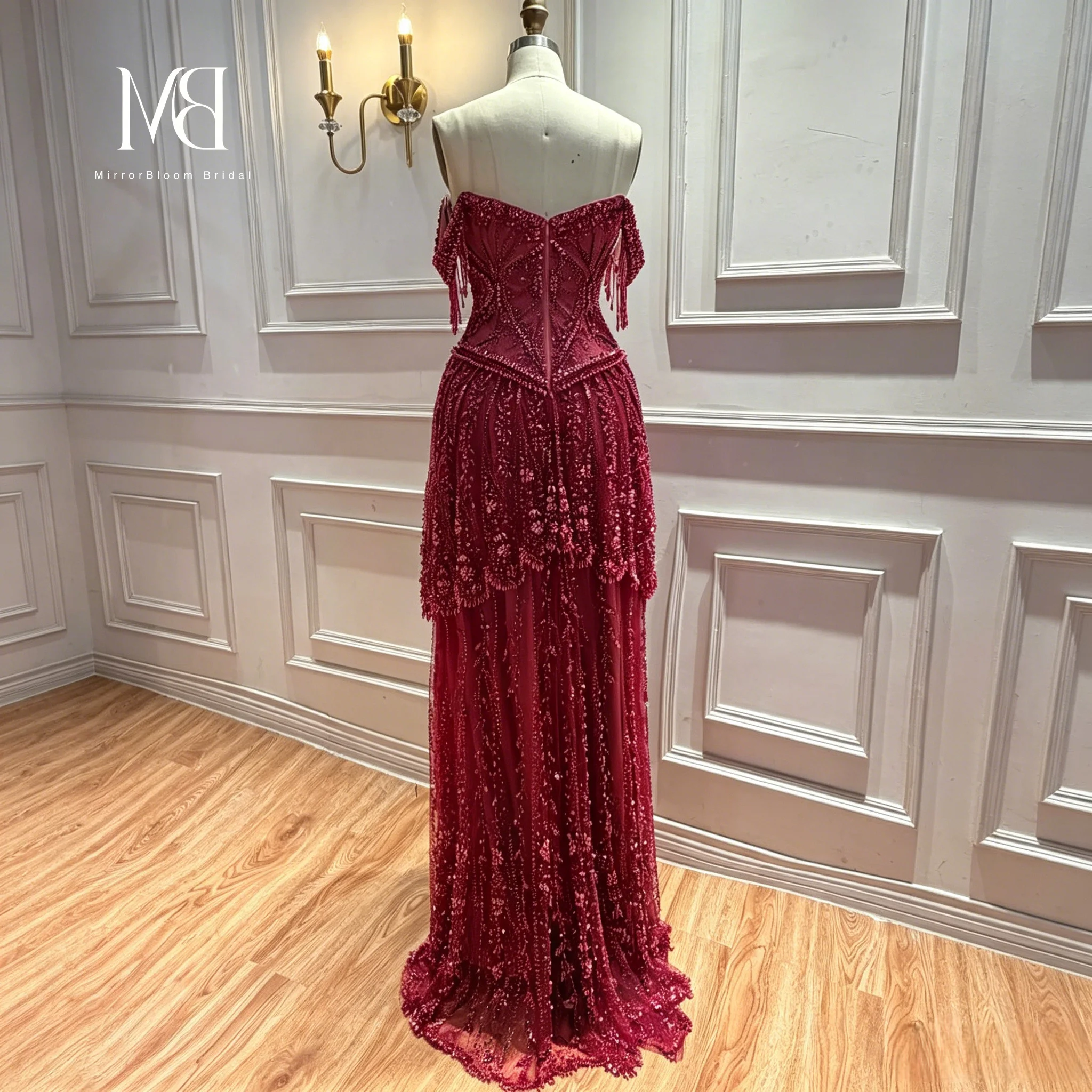 Red Off-the-Shoulder Strapless Sleeveless Floor-Length Formal Ball Gown Beadwork Embroidery Glowing Women's  Occasion Dress image 4