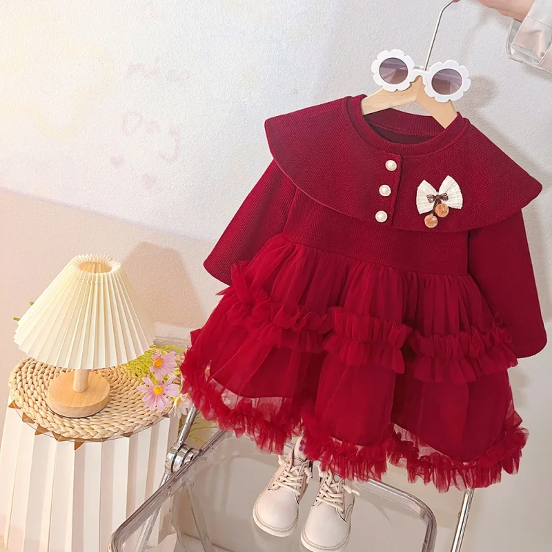 Baby Mädchen Kleidung Frühling Und Herbst Bogen Mesh Langarm Mädchen Kleid Nette Mädchen Prinzessin Kleid