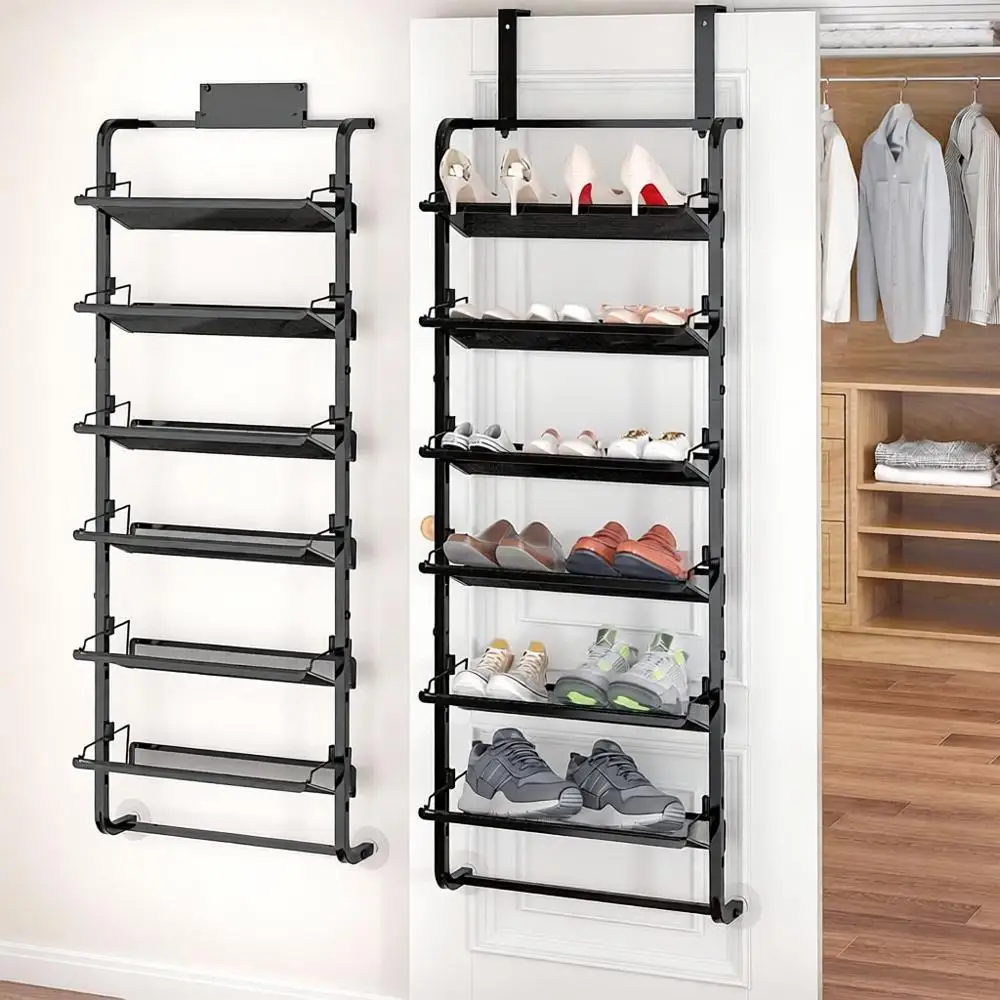 

6-Tier Adjustable Door-Mounted Shoe Rack, Heavy-Duty Metal Storage, Black