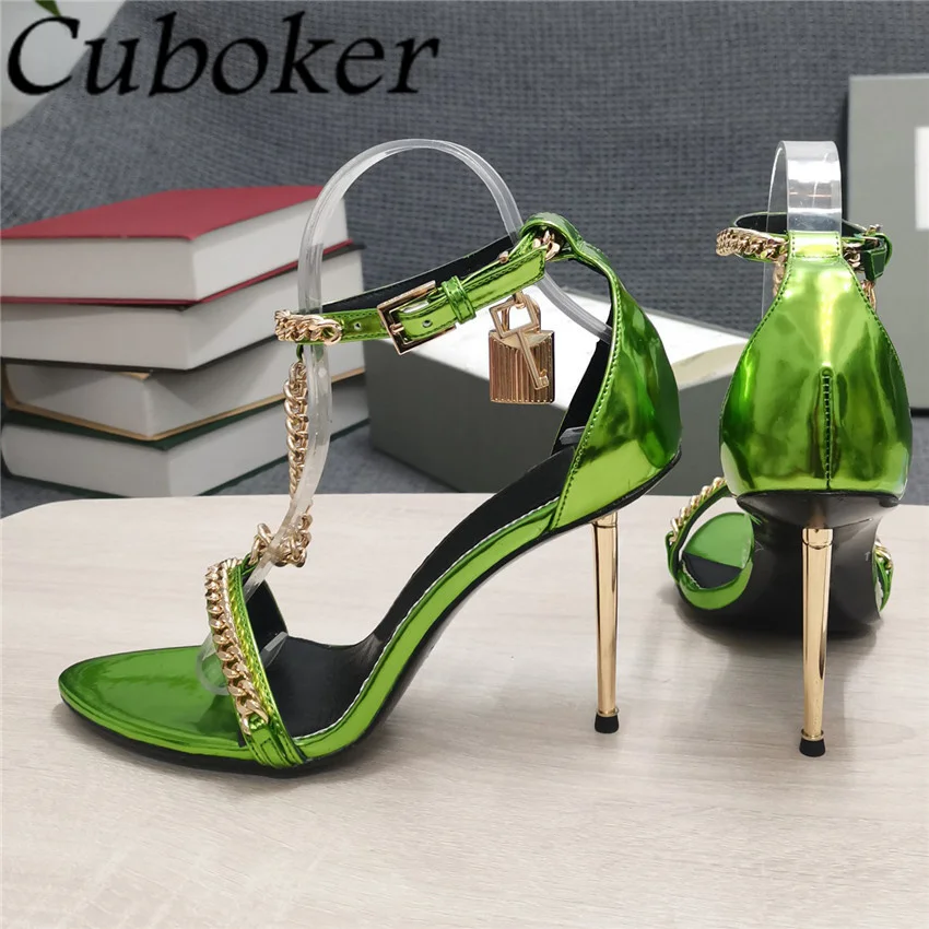 

Golden Lock Thin Heel Sandals Women Open Toe T-Chain Ankle Strap Patent Leather Pumps Dress Shoes Slingback For Woman zapatos