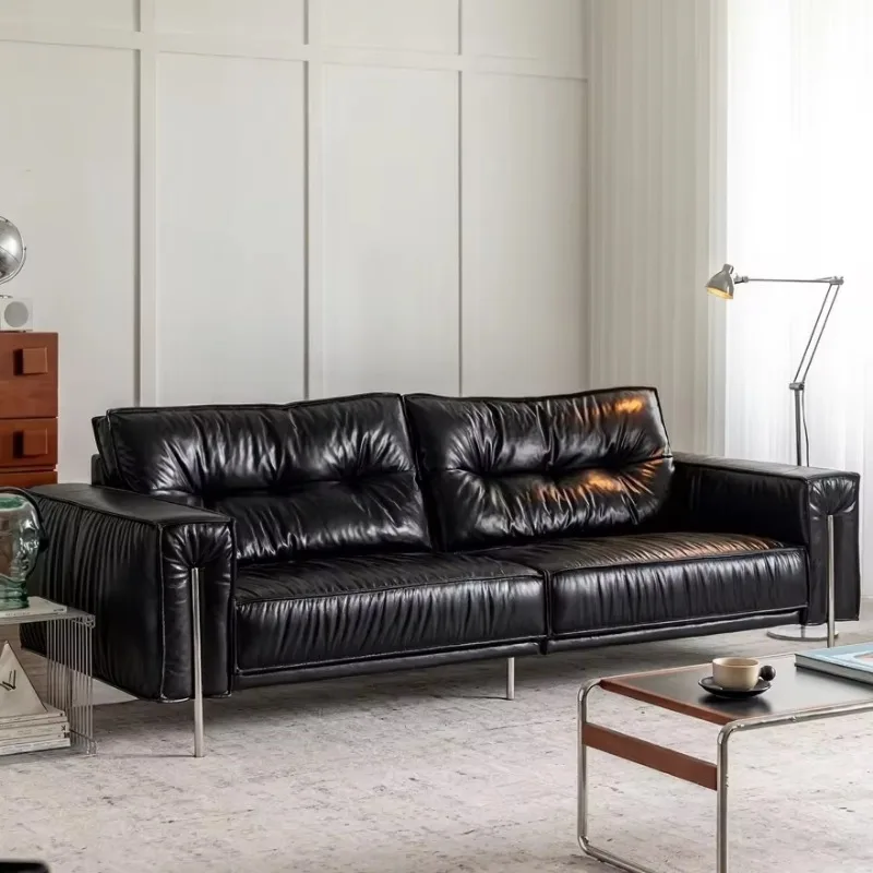 Cowhide sofa, high-texture living room black leather sofa