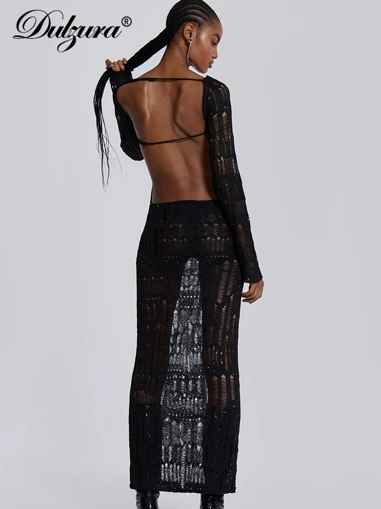 Dulzura Gebreide Gehaakte Vrouwen Jurken Uitgesneden Backless Lange Mouw Holle Maxi Jurk Sexy Party Club Nachtje Uit Evenementen Y2K Kleding