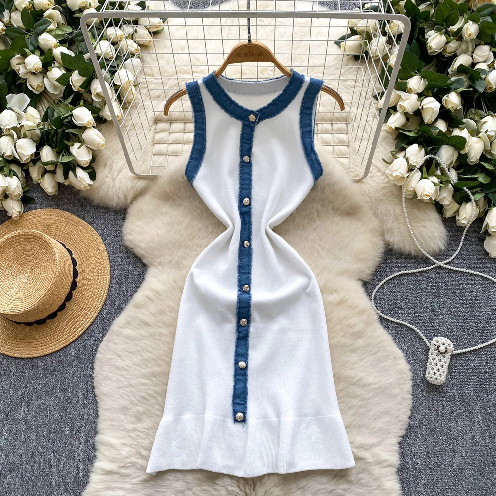 YuooMuoo Chic Fashion Sexy Package Hips Knitted Mini Dress 2025 Summer Vintage Denim Patchwork Ruffled Party Dress Streetwear