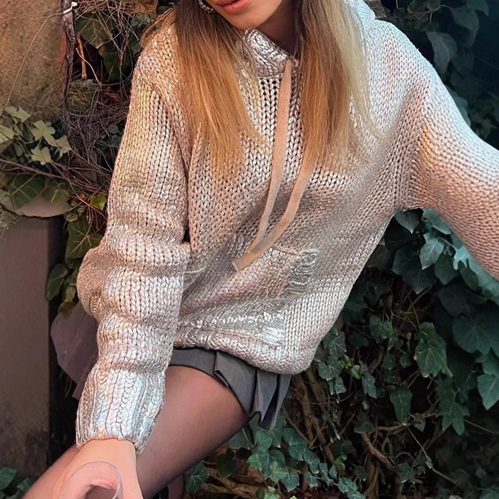 

Silver Metallic Rib Hooded Sweater Women Long Sleeve Drawstring Pullover Top Female 2025 Autumn Winter Lady Elegant Sweatshirt