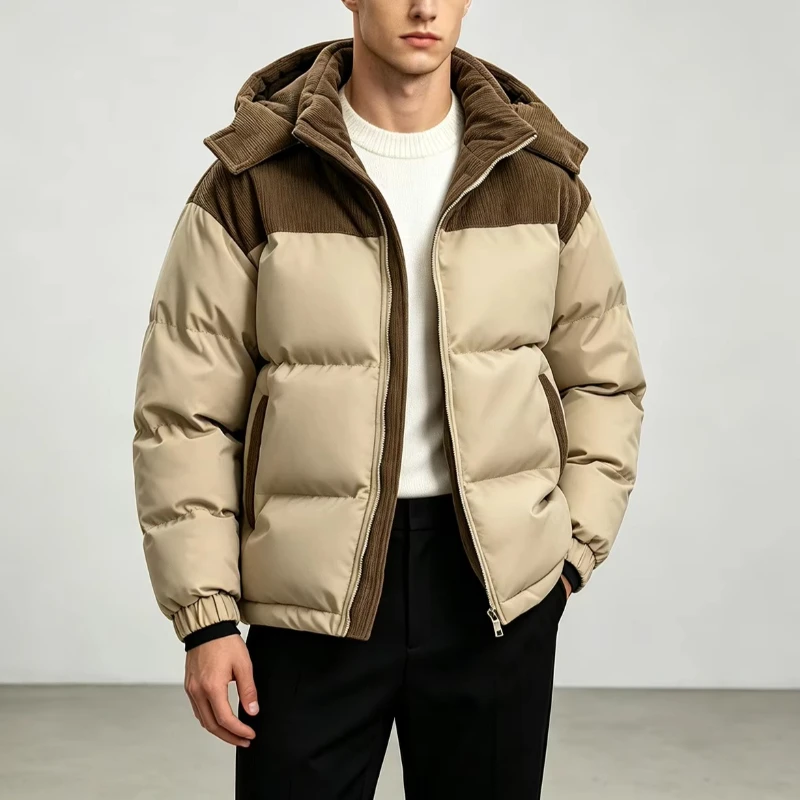Winter Corduroy Spliced Hooded Puffer Jackets Men Autumn Color Block Warm Thick Cotton Padded Coats Man Outdoor Outerwear Parkas
