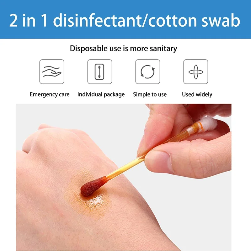 100PCS Iodine Swab Sticks Individually Wrapped First Aid Alcohol Cotton Swabs for Wound Prevent Cleaning in Nasal Ears Bruise