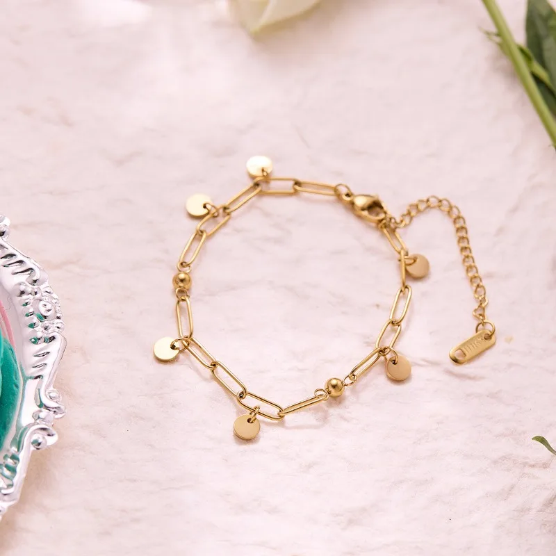 New Personality Gold Color Stainless Steel Small Round Ball Chain Bracelet for Women Summer Party High Quality Jewelry Colorfast