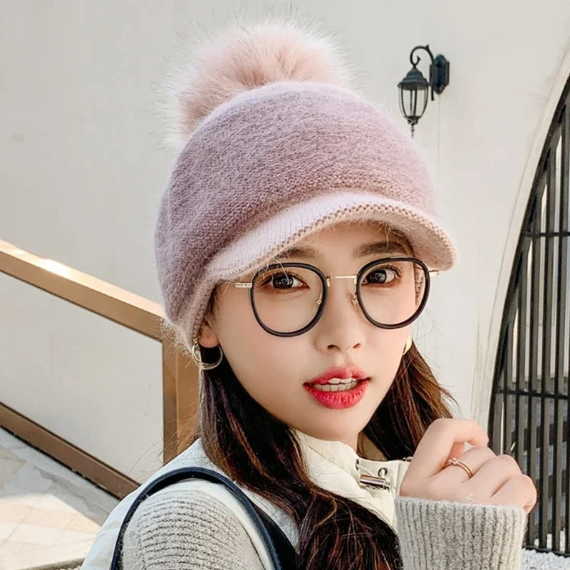 Luxury Women Winter Thick Warm Fuzzy Knit Beanie Cap with Visor Bill Cute Pompom Cold Weather Windproof Skullies Baseball Cap