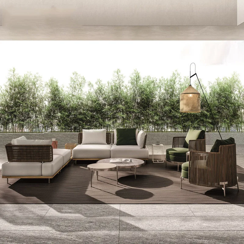 أريكة في الهواء الطلق فناء فيلا مصمم حديقة الشمال مقاوم للماء واقية من الشمس كرسي الروطان مزيج الأثاث الترفيهي من خشب الساج #5