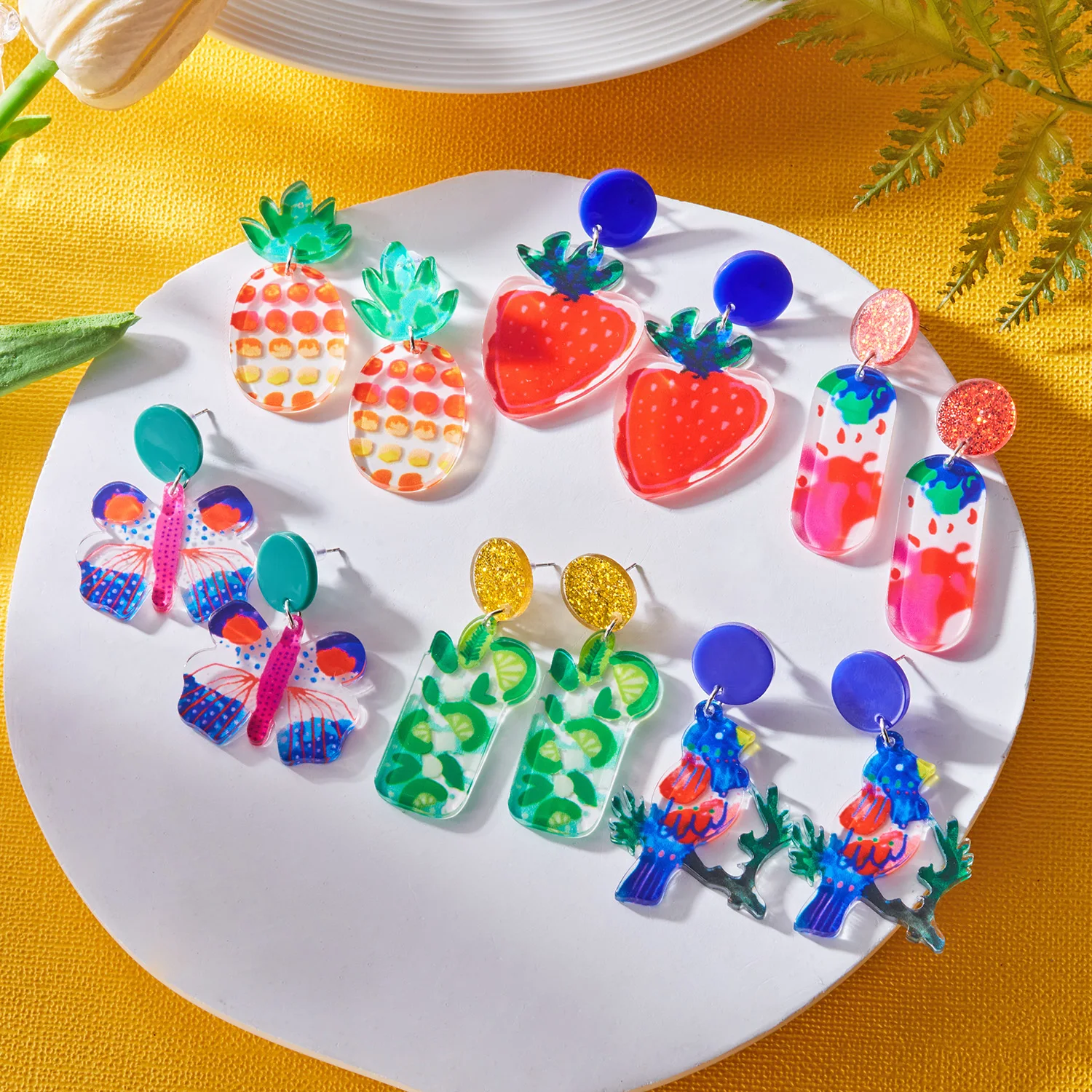 Bunte Muster Acryl Schmetterling Tropfen Ohrringe für Frauen Einfache Obst Geometrie Harz Baumeln Ohrringe Täglichen Schmuck Zubehör – Detail 1