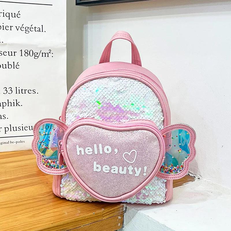 Kids Cute Shiny Colorful Sequin Mini Backpack Fashion Love Heart Wings School Bags Girls Kindergarten Lovely Children Backpacks