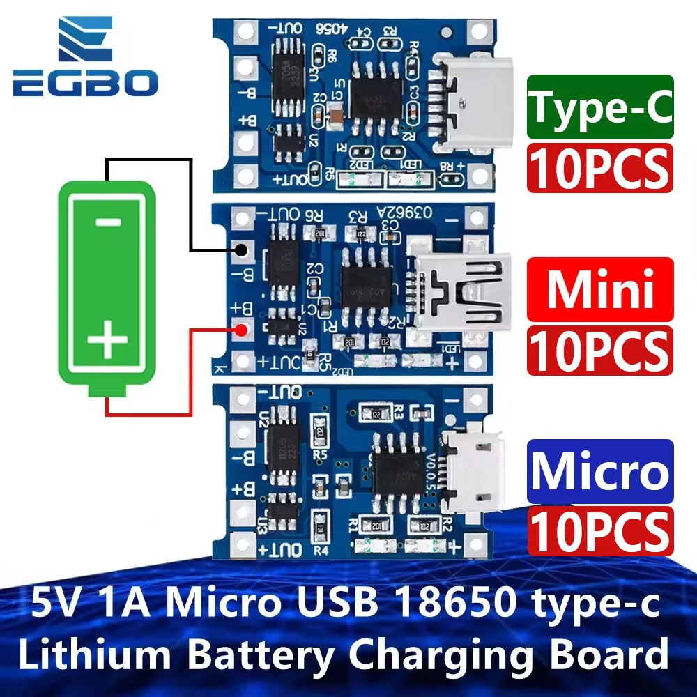 10PCS Micro Type-C MINI USB  Lithium Battery Charging Board, Charger Module, Protection, Dual Functions, TP4056, 18650, 5V, 1A