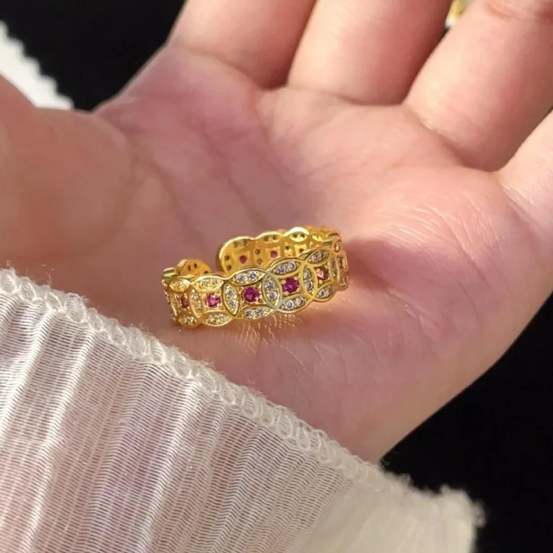 خاتم Red Gang الزركون Qian Duoduo، مجوهرات رائعة وصغيرة ومتعددة الاستخدامات، مزاج فاخر خفيف، مجوهرات راقية، ركاب م