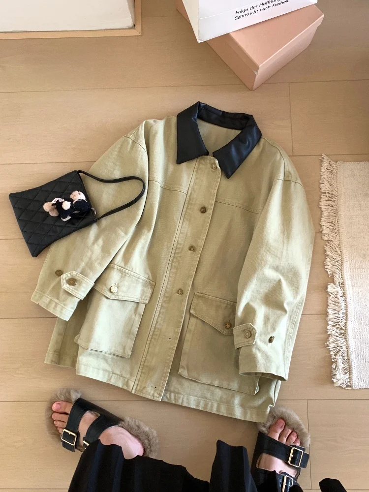 

XFYSLE Casual Cotton Waed Collar Splicing Women's Windbreaker Khaki Workwear Jaet Straight Tube Korean Sle