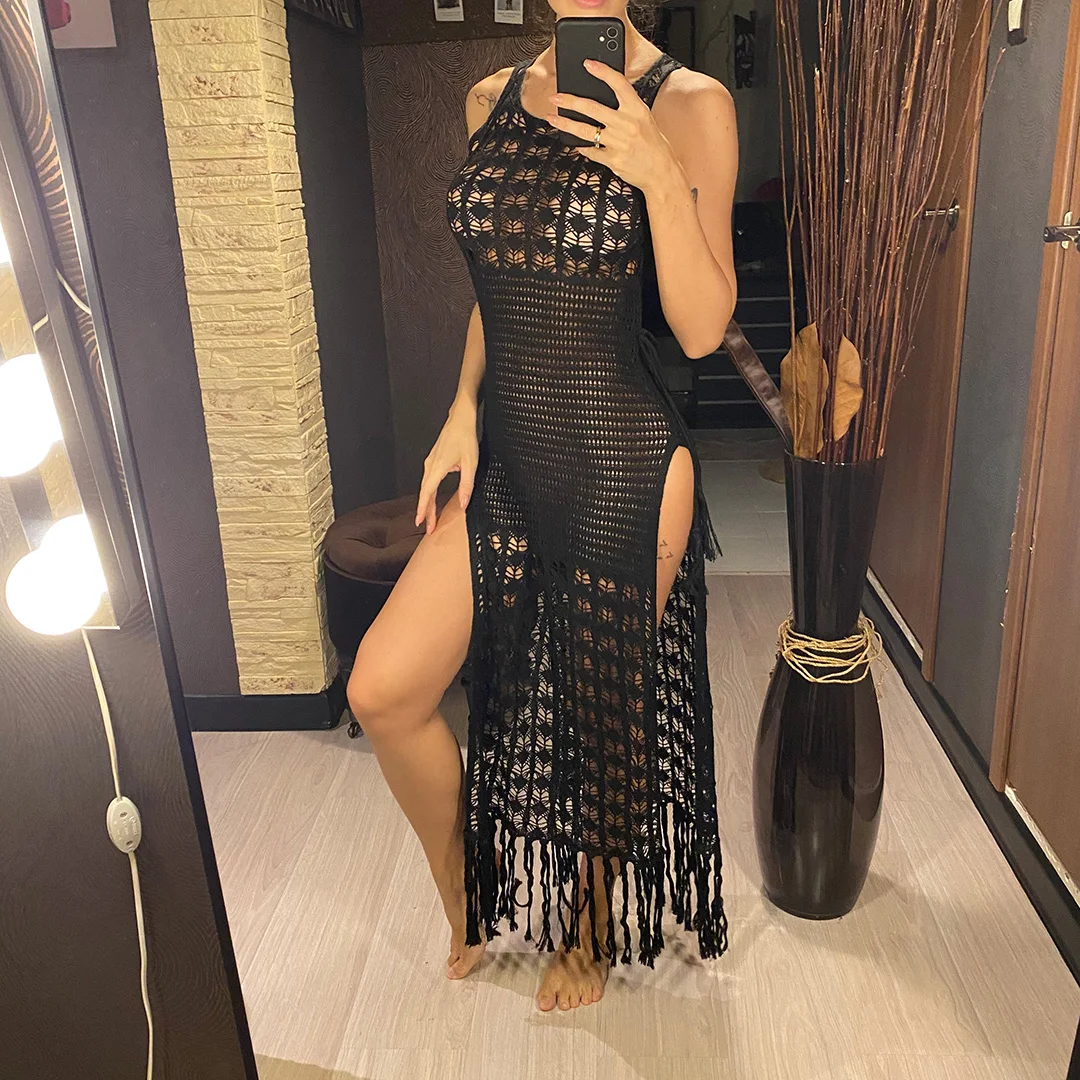 S-XL Sexy, ausgeschnittenes, mit Fransen und Quasten versehenes, gestricktes, gehäkeltes Tunika-Strandkleid, Strandkleid, Strandmode, Damenmode V3800 – Detail 12