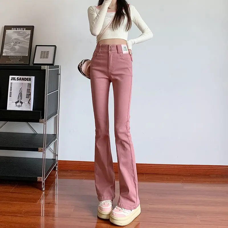 

Summer New Micro Flare Imitation Jeans Women's Solid Button Pocket Zipper Elastic High Waist Casual Fashion Slim Straight Pants