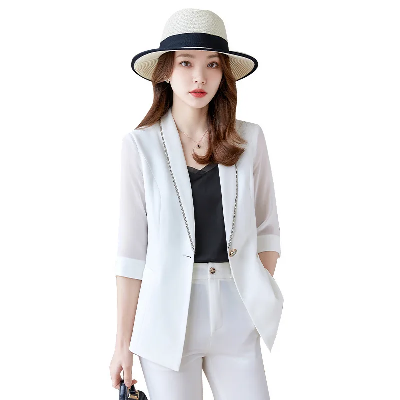 Women Business Suits with Pants and Tops 2022 Spring Summer Half Sleeve Ladies Office Work Wear Professional Blazers Pantsuits