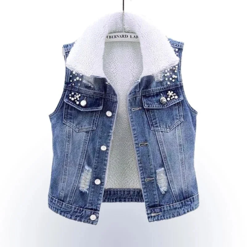 Ajouter du velours et épaissir Denim gilet femmes 2025 printemps automne nouveau polyvalent chaud gilet veste bleu Denim Camisole manteau haut femme