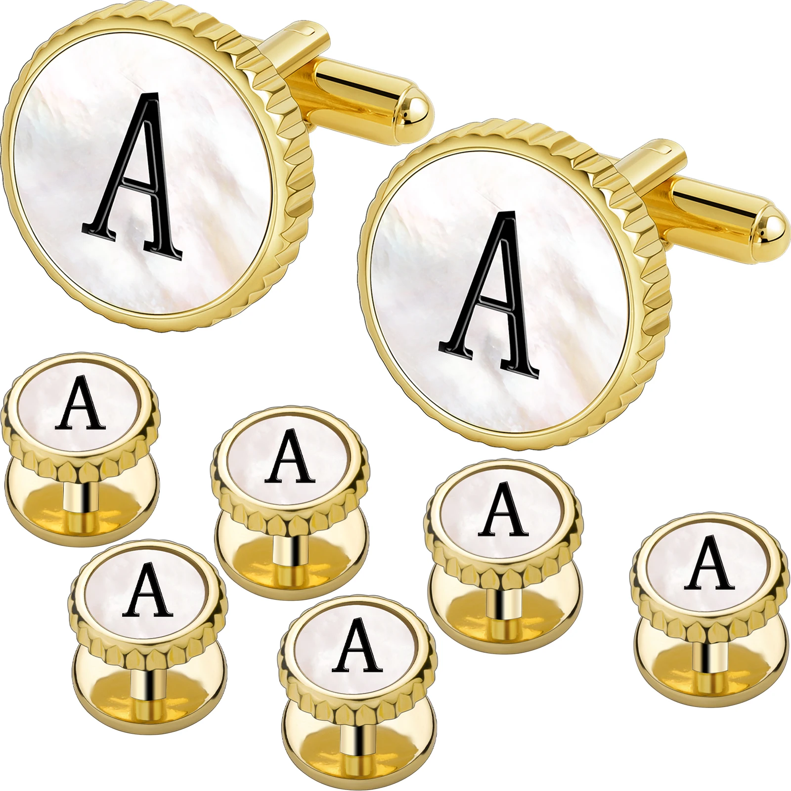 TAIGRAMA Personalized initial Cufflinks and Tuxedo Studs for Men,mother-of-pearl Cufflinks Suitable for Men's French Cuff Shirt