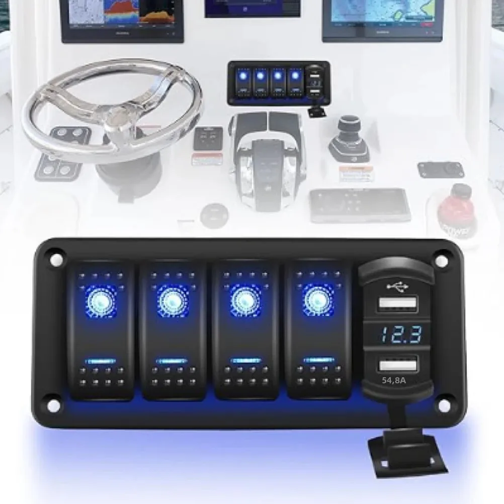 Hl 5 gang painel de interruptor rocker à prova d'água 12v/24v interruptor marinho com 4.8a duplo-usb led voltímetro interruptor rocker para carro barco caminhão