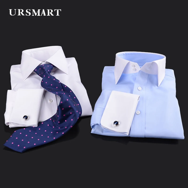 Men's French cuff-link shirt double buckle white collar fashion professional wear striped shirt