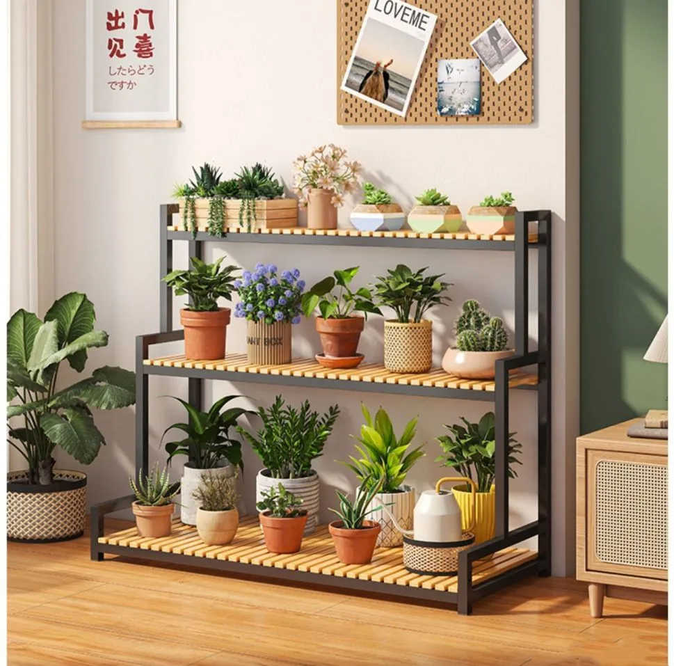 3 Layers Wooden Shelving with Wheels Balcony Garden Succulent Potted Flower Storage Rack Flower Pot Rack Home Clutter Rack