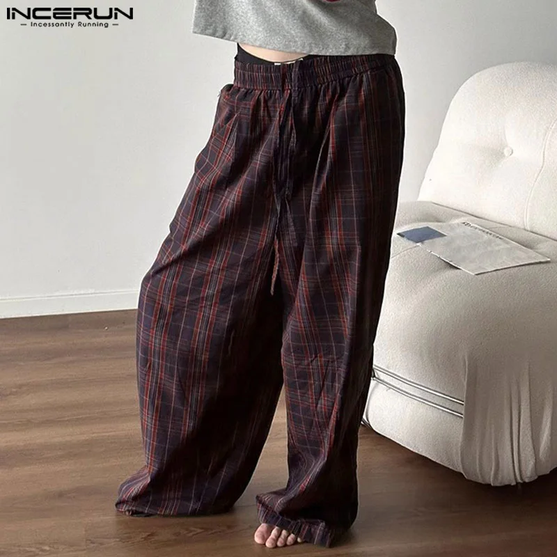 INCERUN Men Plaid Pants Elastic Waist Loose Joggers Casual Straight Trousers Men Streetwear 2024 Fashion Male Long Pants S-5XL