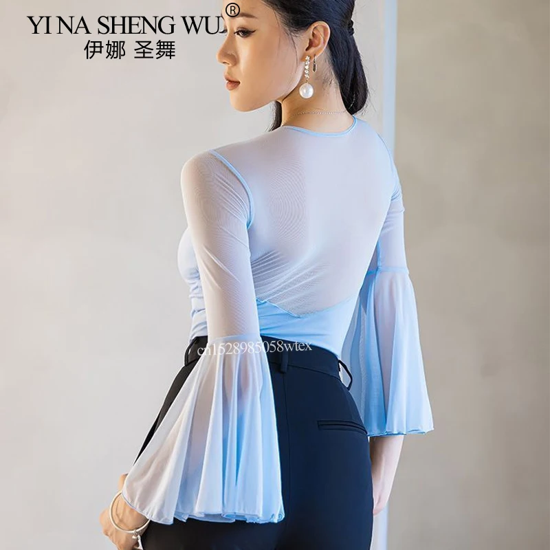 여성용 라틴 댄스 탑 국가 표준 라틴 댄스 연습 대회 플레어 슬리브 점프수트 룸바 차차 공연 탑