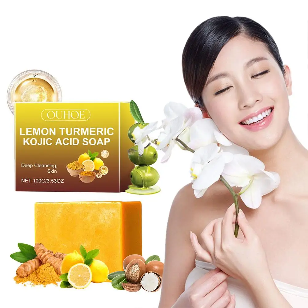 100g sabun asam Kojic kunyit Lemon pencerah alami meningkatkan kulit kusam lembut membersihkan Kontrol Minyak Perawatan Kulit Wajah