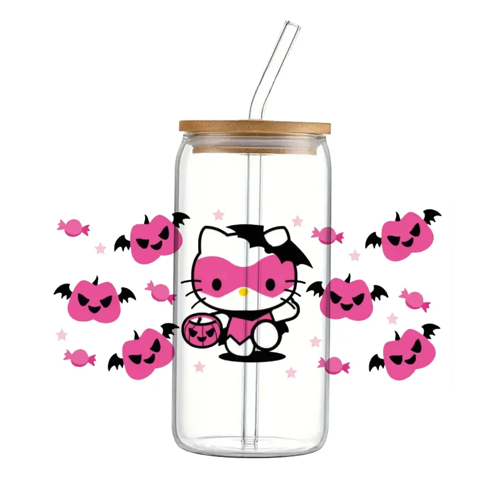 Hello Kitty Sanrio  Halloween For Libbey 16oz Can Glass 3D Waterproof UV DTF Coffee Can Wrap Libbey Glass Wrap Diy cartoon