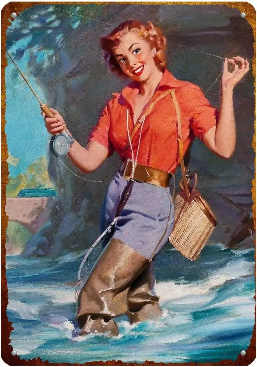 Vintage Style Metal Sign Pin Up Girl Gone Fishing Beauty Girl Man Cave Aluminum Tin Sign 12x8inch for Home Farmhouse Farm C sign