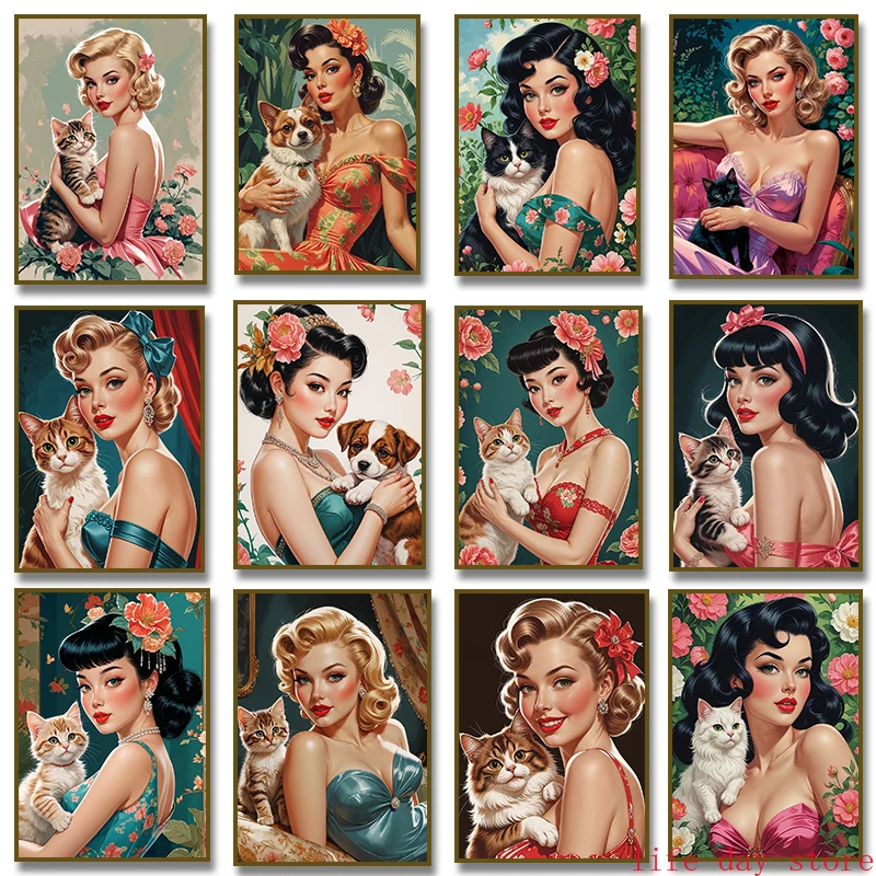 1pc frameless Canvas Painting Blonde Pin-Up with Black Cat Poster Elegant Asian Pin-Up Puppy Canvas Painting Print Wall Art Pict