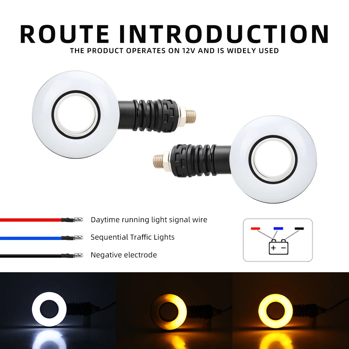 2Pcs Motorcycle Circle Shaped Turn Signals Indicator Light White Amber Flashing Light Side DRL Running Lights Round Blinker