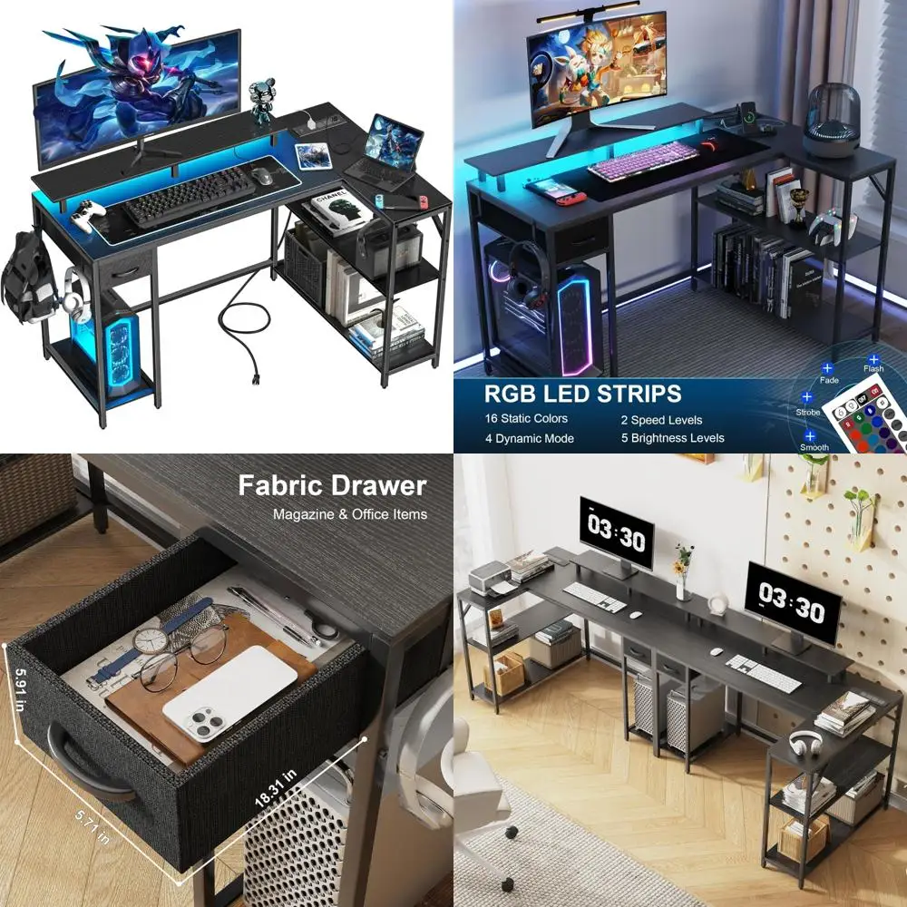 مكتب ألعاب على شكل حرف L قابل للعكس مع مخرج طاقة وإضاءة LED وحامل شاشة لإعداد الكمبيوتر المحسن